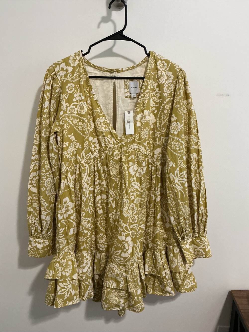 New Maeve Mustard Floral V-Neck Tiered Peasant Tunic Dress NWT Prairie Core